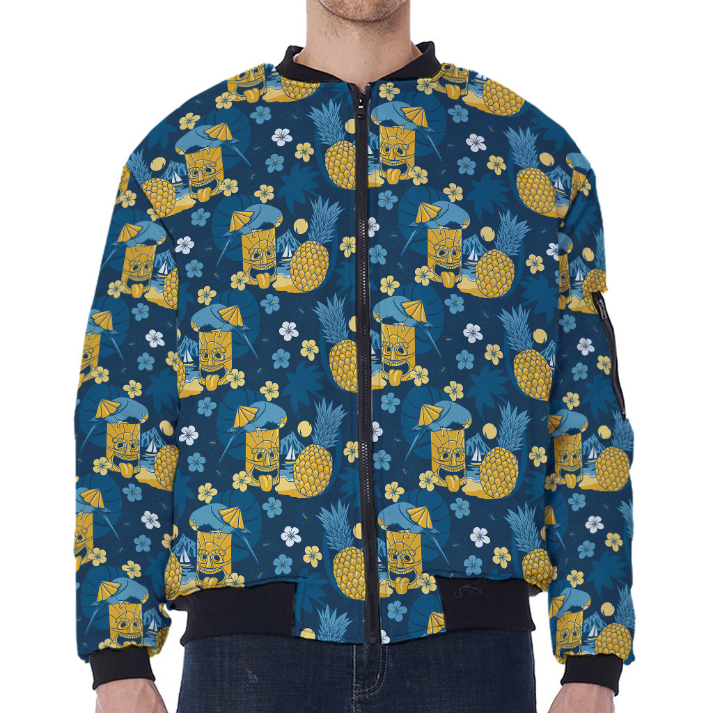 Hawaiian Tiki Pattern Print Zip Sleeve Bomber Jacket