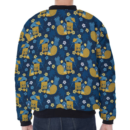 Hawaiian Tiki Pattern Print Zip Sleeve Bomber Jacket