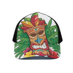 Hawaiian Tiki Print Black Mesh Trucker Cap