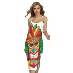 Hawaiian Tiki Print Cross Back Cami Dress