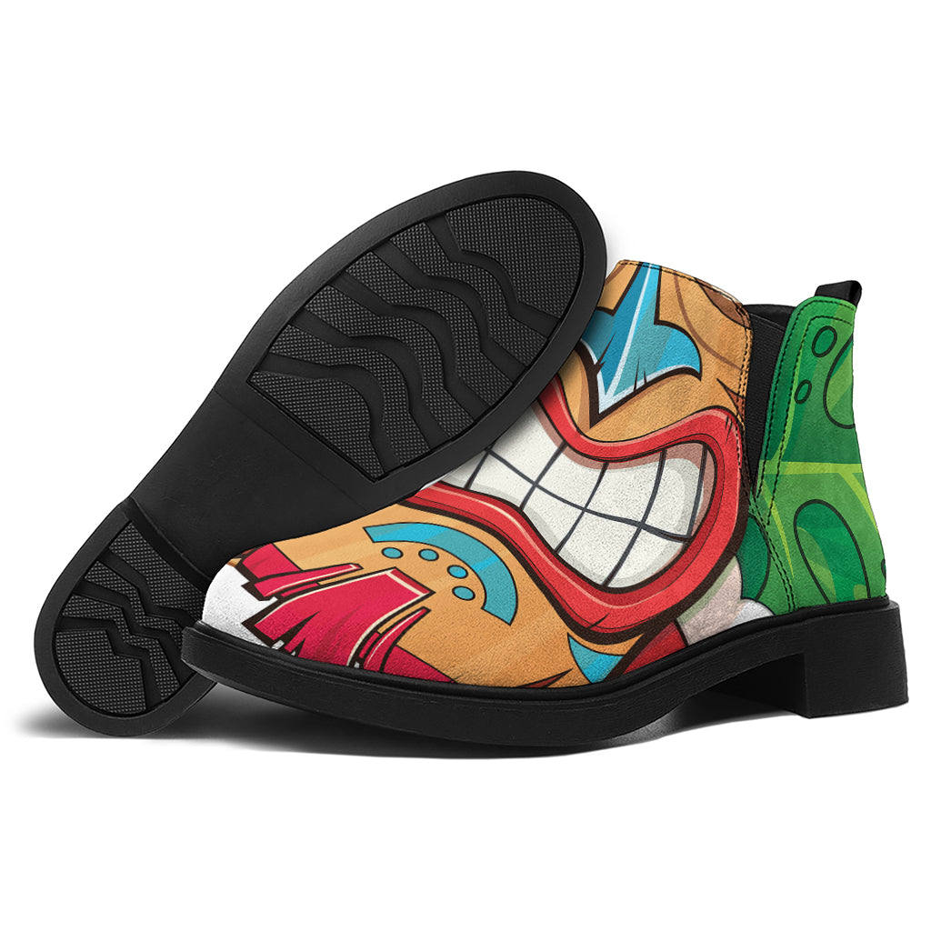 Hawaiian Tiki Print Flat Ankle Boots