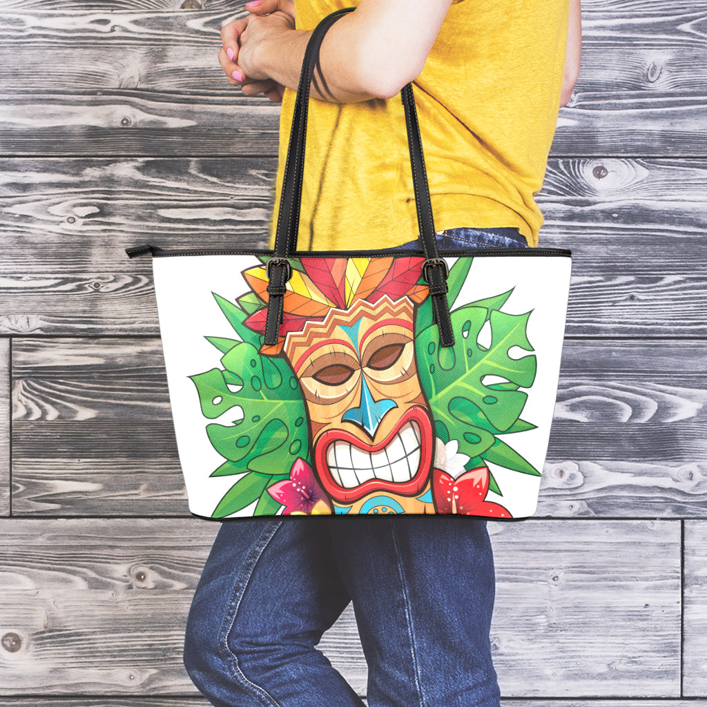 Hawaiian Tiki Print Leather Tote Bag
