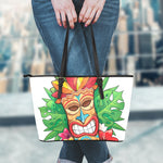 Hawaiian Tiki Print Leather Tote Bag