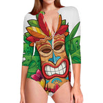 Hawaiian Tiki Print Long Sleeve Swimsuit