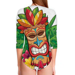 Hawaiian Tiki Print Long Sleeve Swimsuit