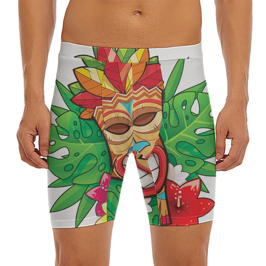 Hawaiian Tiki Print Men's Long Boxer Briefs