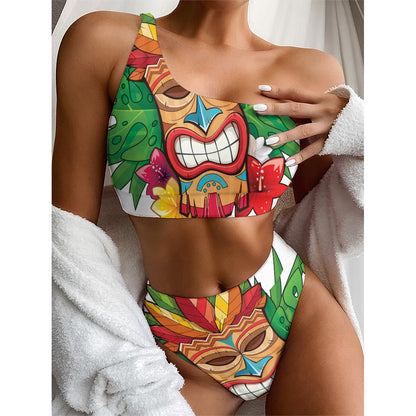 Hawaiian Tiki Print One Shoulder Bikini Top