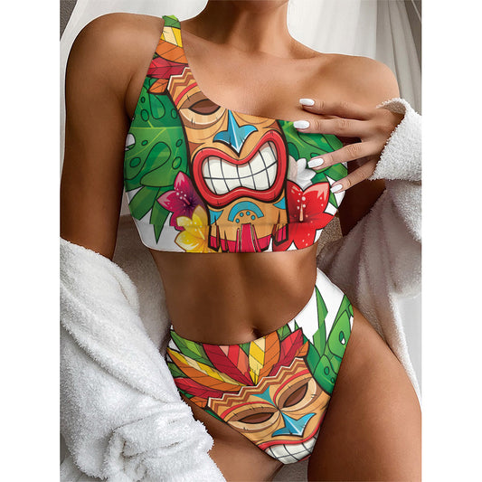 Hawaiian Tiki Print One Shoulder Bikini Top