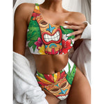Hawaiian Tiki Print One Shoulder Bikini Top