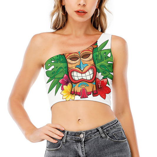 Hawaiian Tiki Print One Shoulder Crop Top