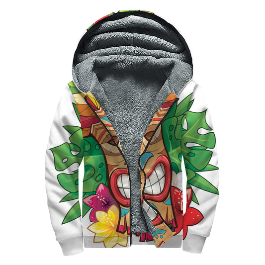 Hawaiian Tiki Print Sherpa Lined Zip Up Hoodie