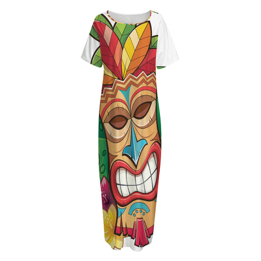 Hawaiian Tiki Print Short Sleeve Long Nightdress