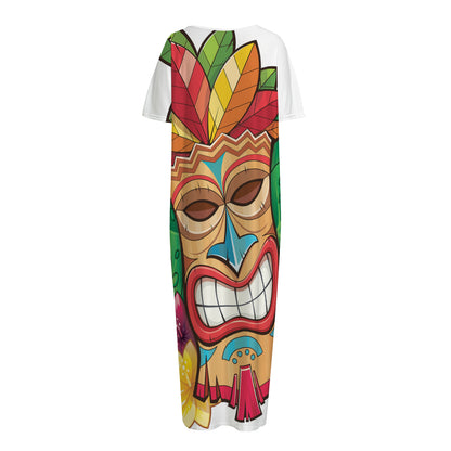 Hawaiian Tiki Print Short Sleeve Long Nightdress