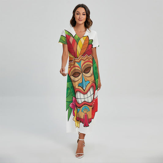 Hawaiian Tiki Print Short Sleeve Maxi Dress
