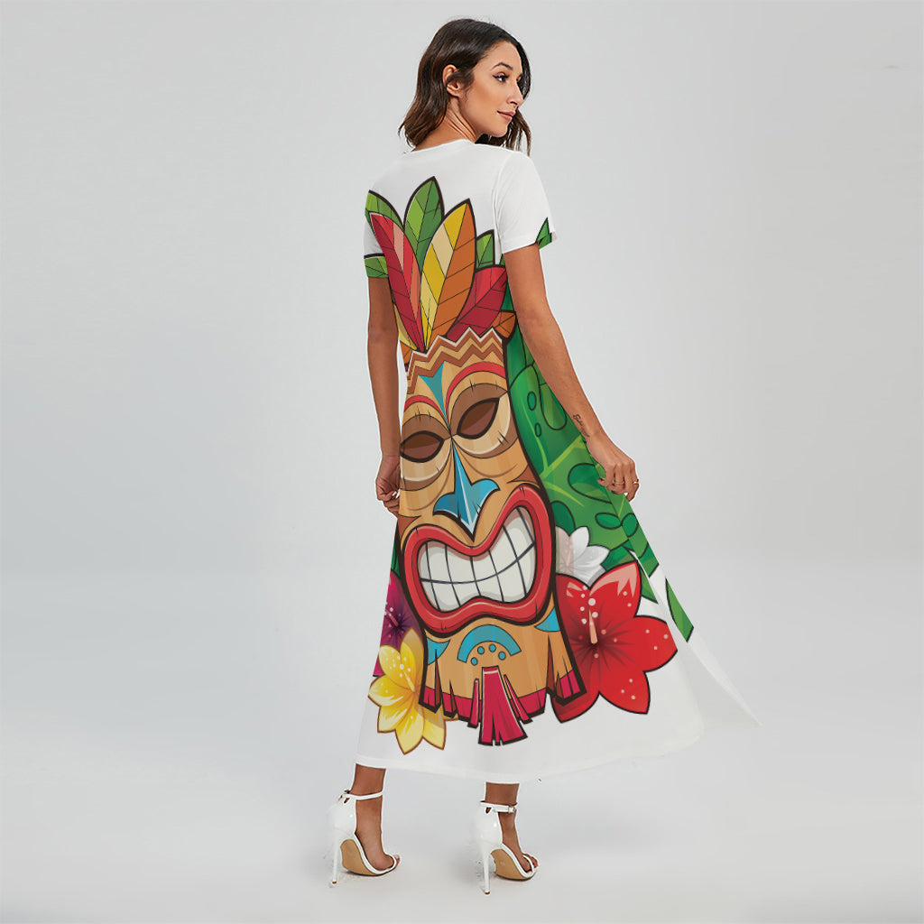 Hawaiian Tiki Print Short Sleeve Maxi Dress