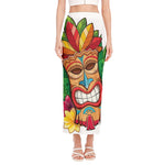 Hawaiian Tiki Print Side Slit Maxi Skirt