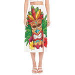 Hawaiian Tiki Print Side Slit Midi Skirt