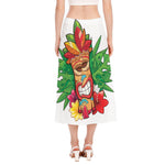Hawaiian Tiki Print Side Slit Midi Skirt