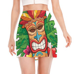 Hawaiian Tiki Print Side Slit Mini Skirt