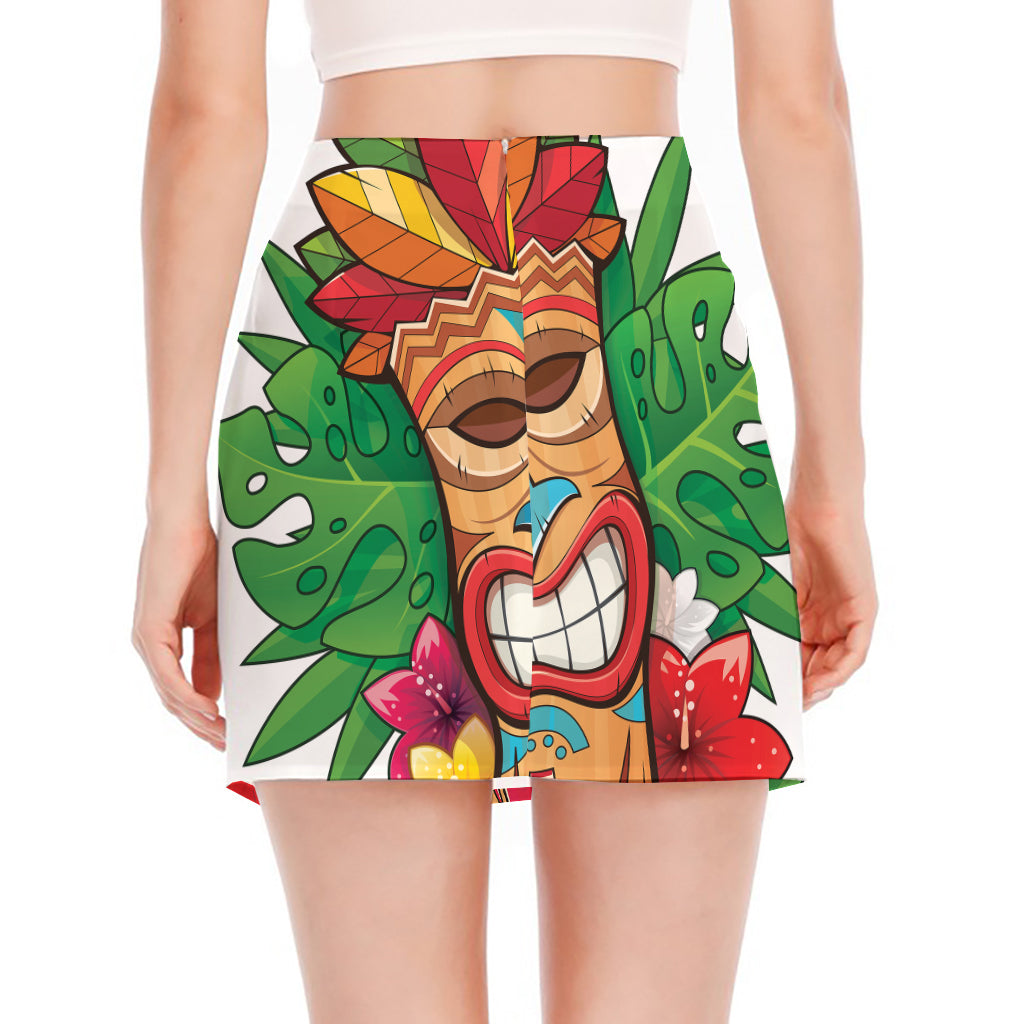 Hawaiian Tiki Print Side Slit Mini Skirt