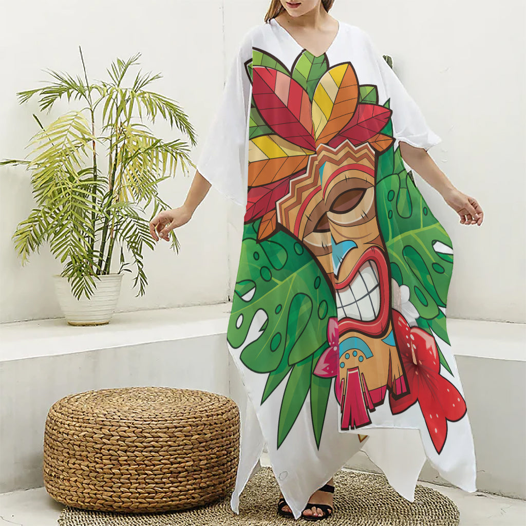 Hawaiian Tiki Print Silk V-Neck Kaftan Dress