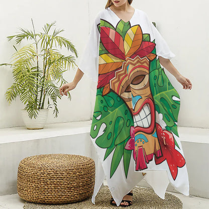 Hawaiian Tiki Print Silk V-Neck Kaftan Dress