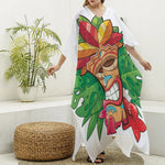 Hawaiian Tiki Print Silk V-Neck Kaftan Dress