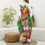 Hawaiian Tiki Print Silk V-Neck Kaftan Dress