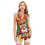 Hawaiian Tiki Print Sleeveless One Piece Swimsuit