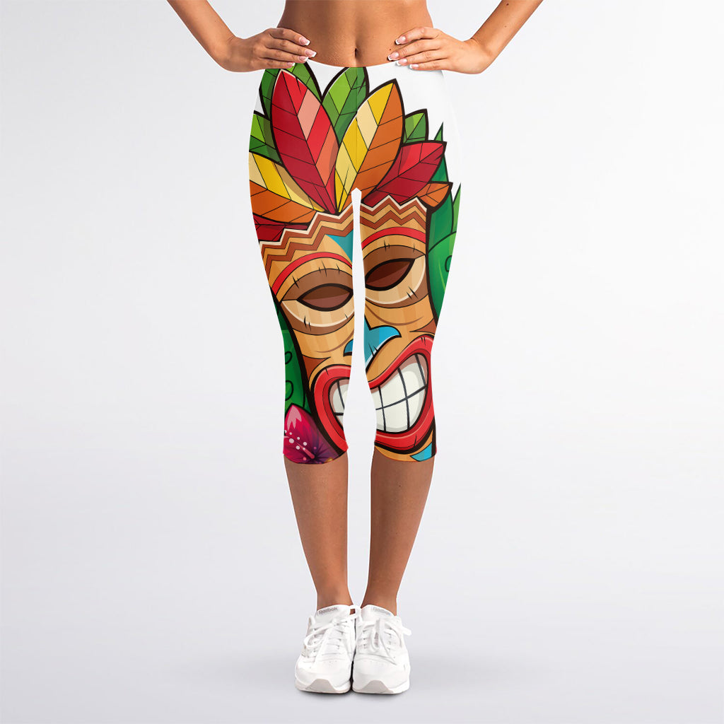 Hawaiian Tiki Print Women's Capri Leggings