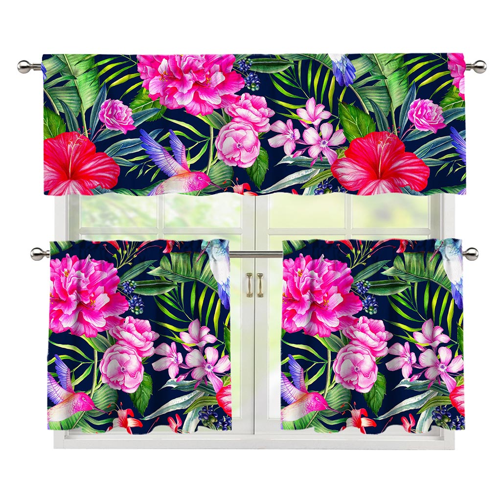 Hawaiian Tropical Birds Pattern Print 3 Piece Kitchen Curtains