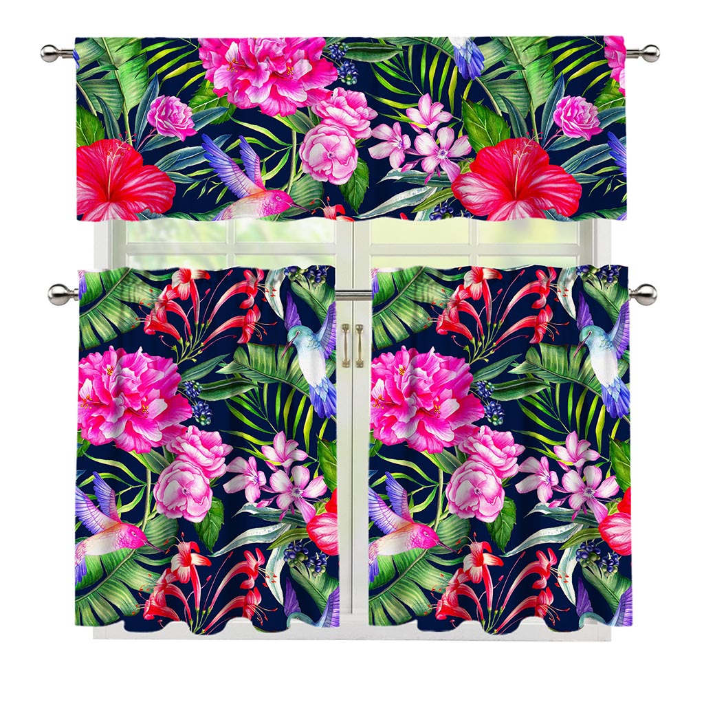 Hawaiian Tropical Birds Pattern Print 3 Piece Kitchen Curtains