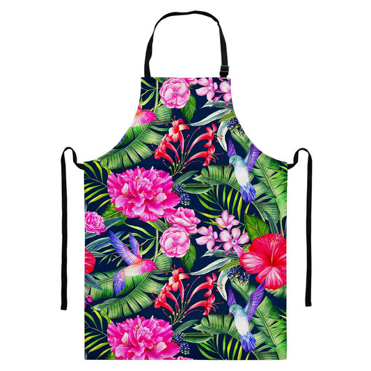 Hawaiian Tropical Birds Pattern Print Bib Apron With Pocket
