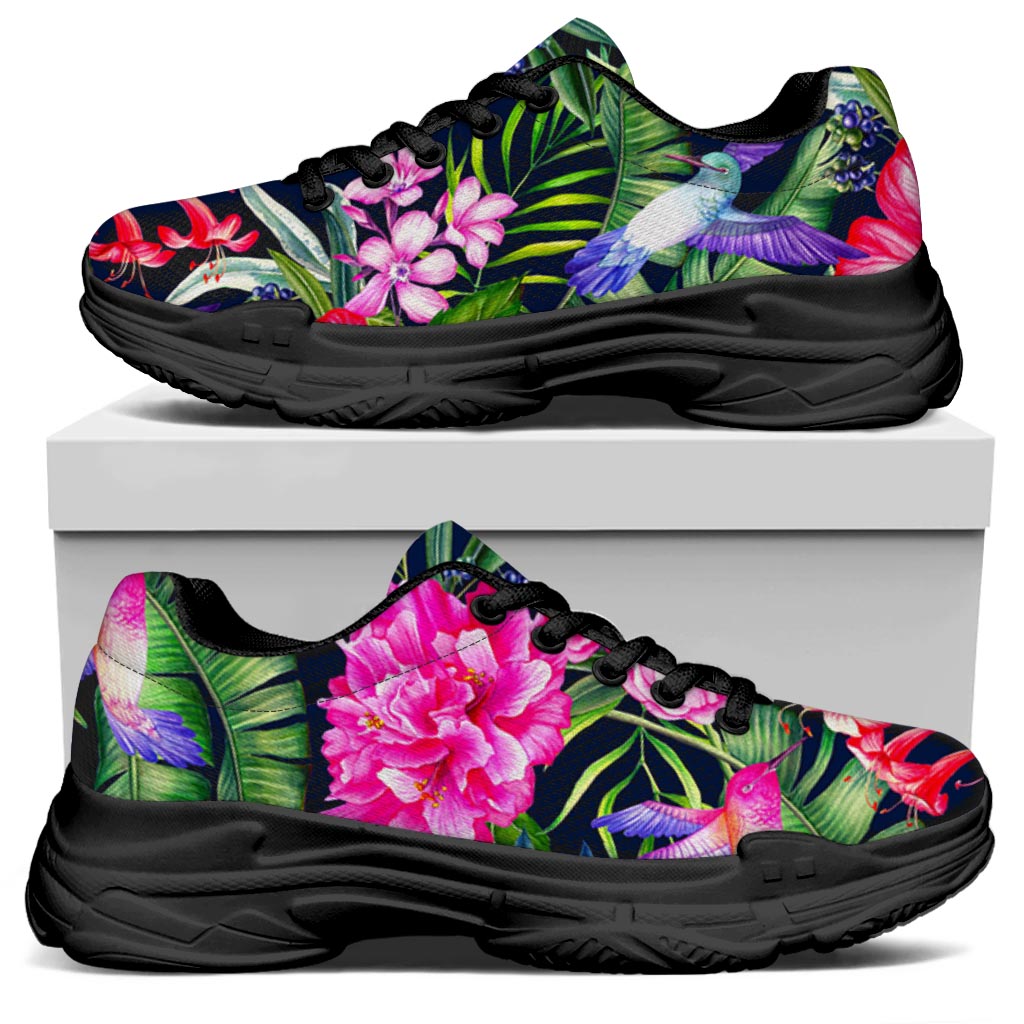 Hawaiian Tropical Birds Pattern Print Black Chunky Shoes