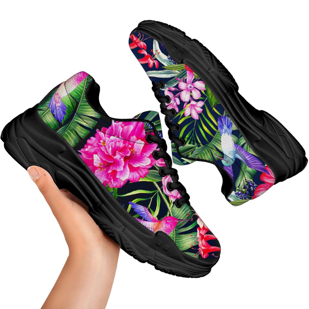 Hawaiian Tropical Birds Pattern Print Black Chunky Shoes