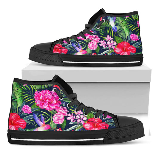 Hawaiian Tropical Birds Pattern Print Black High Top Sneakers