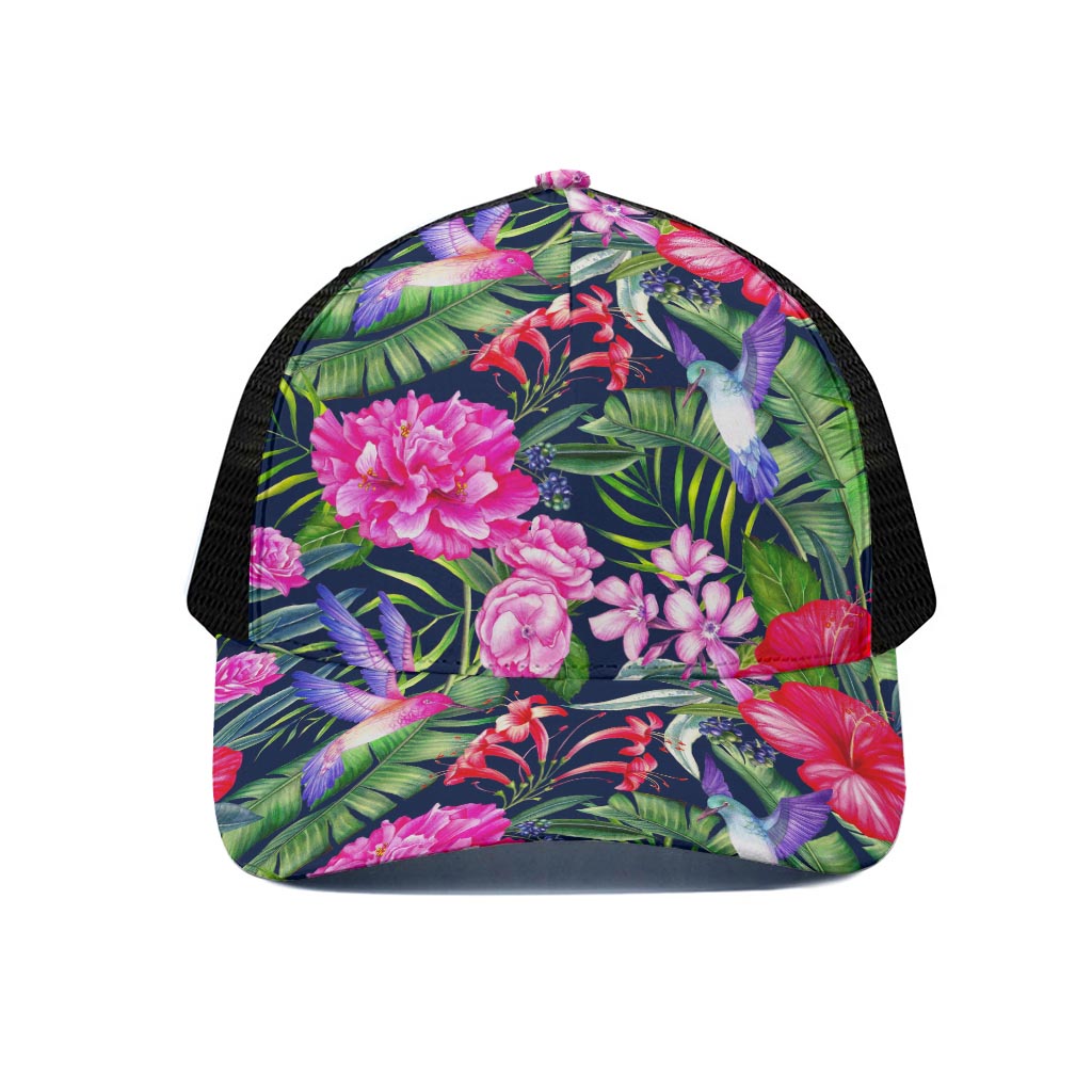 Hawaiian Tropical Birds Pattern Print Black Mesh Trucker Cap