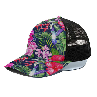 Hawaiian Tropical Birds Pattern Print Black Mesh Trucker Cap
