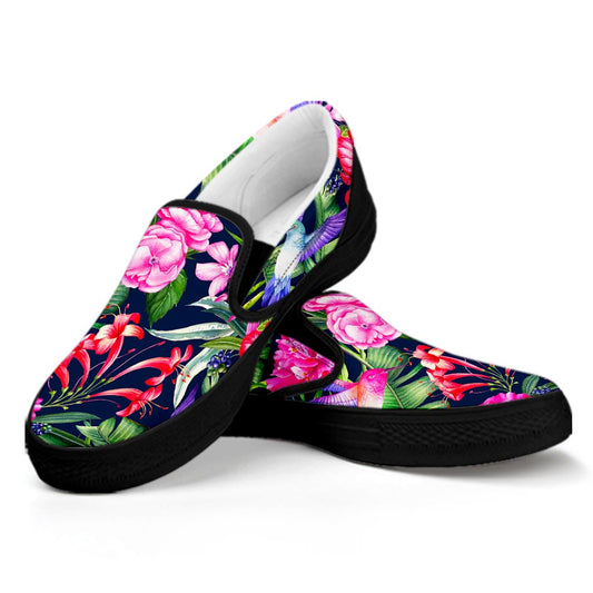 Hawaiian Tropical Birds Pattern Print Black Slip On Sneakers