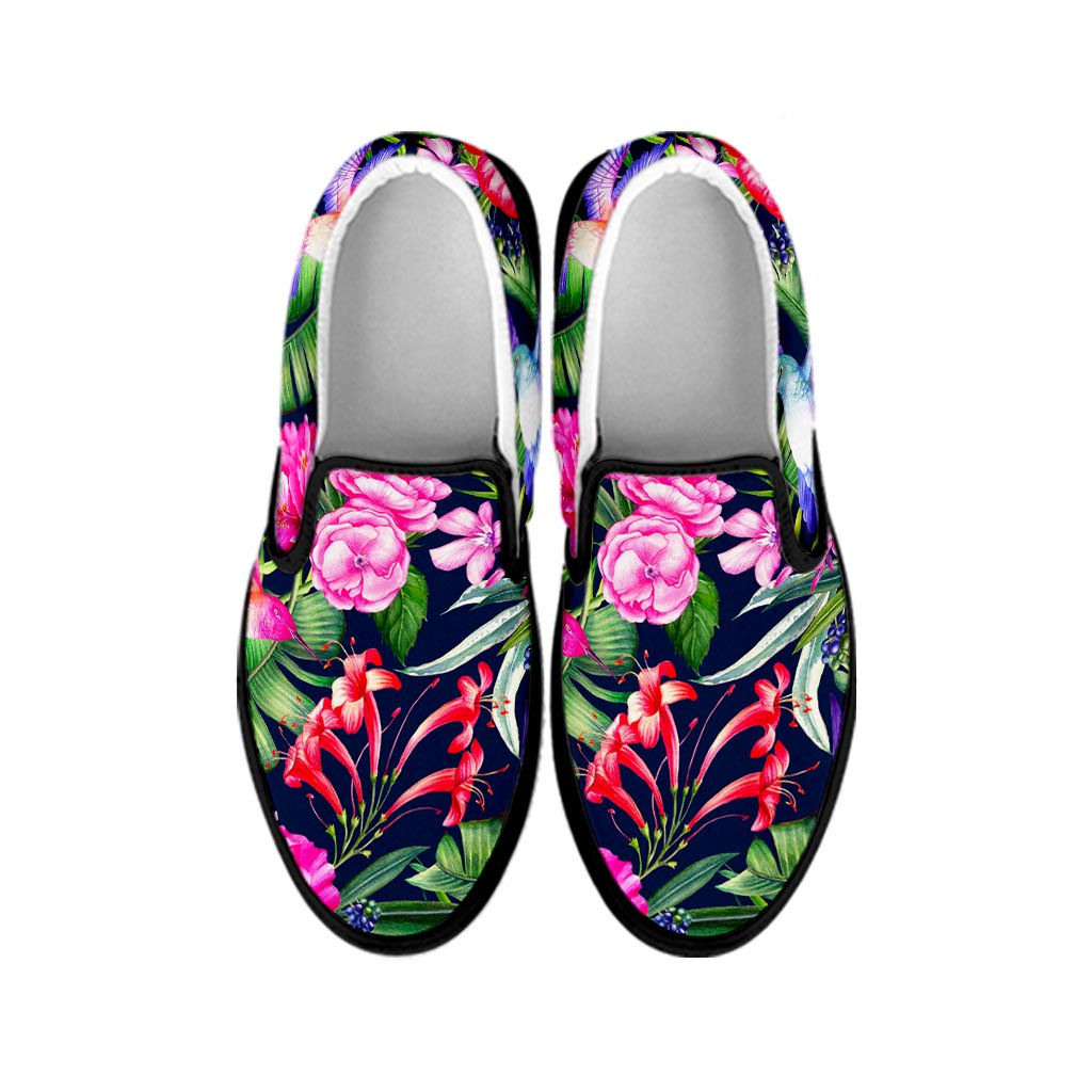 Hawaiian Tropical Birds Pattern Print Black Slip On Sneakers