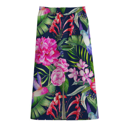 Hawaiian Tropical Birds Pattern Print Cotton Front Slit Maxi Skirt