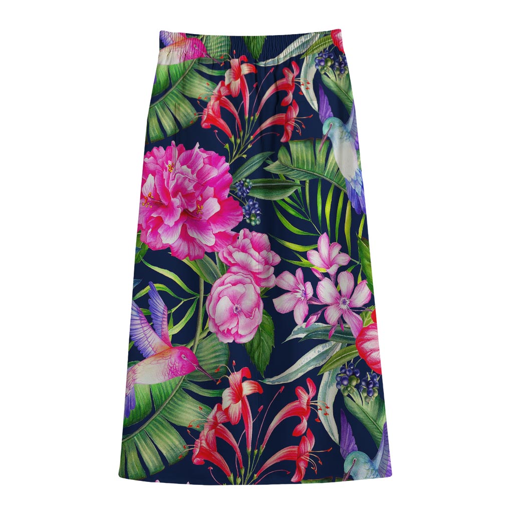 Hawaiian Tropical Birds Pattern Print Cotton Front Slit Maxi Skirt