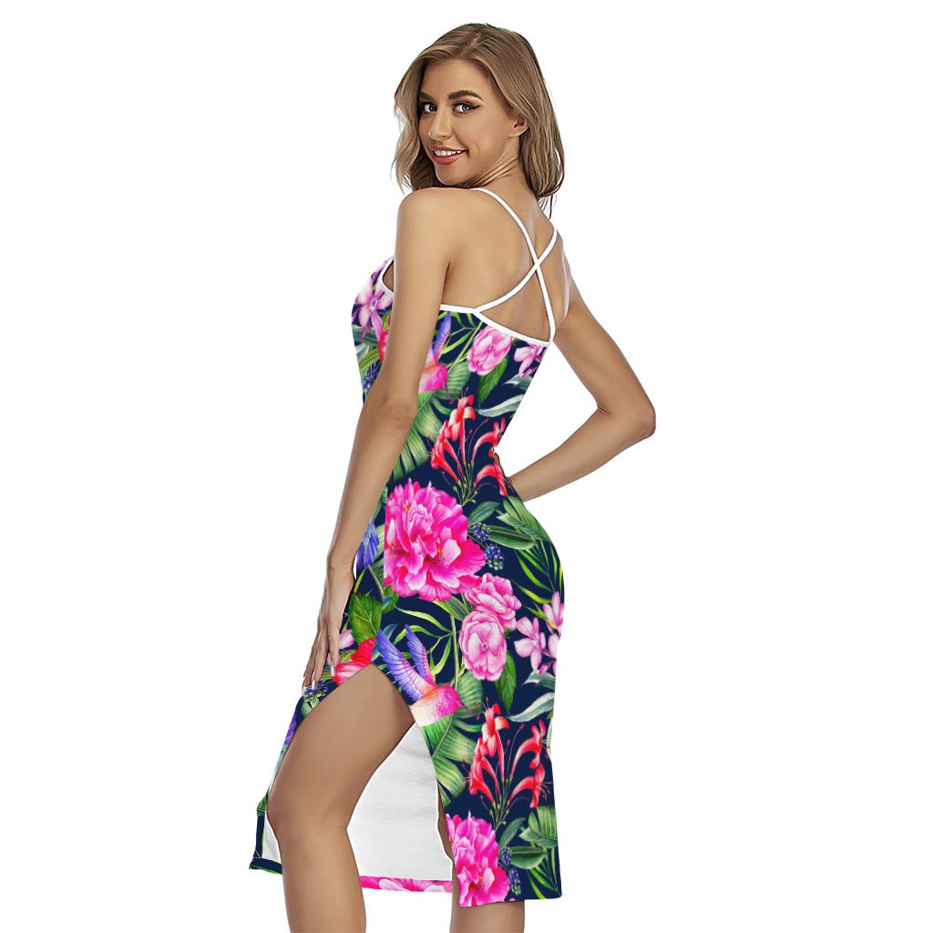 Hawaiian Tropical Birds Pattern Print Cross Back Cami Dress