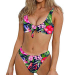 Hawaiian Tropical Birds Pattern Print Front Bow Tie Bikini
