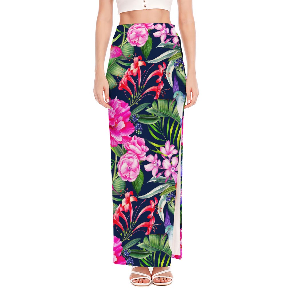 Hawaiian Tropical Birds Pattern Print High Slit Maxi Skirt