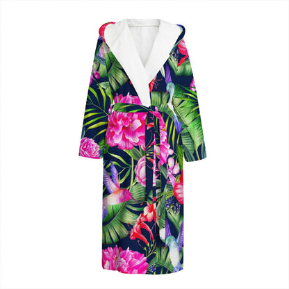 Hawaiian Tropical Birds Pattern Print Hooded Bathrobe