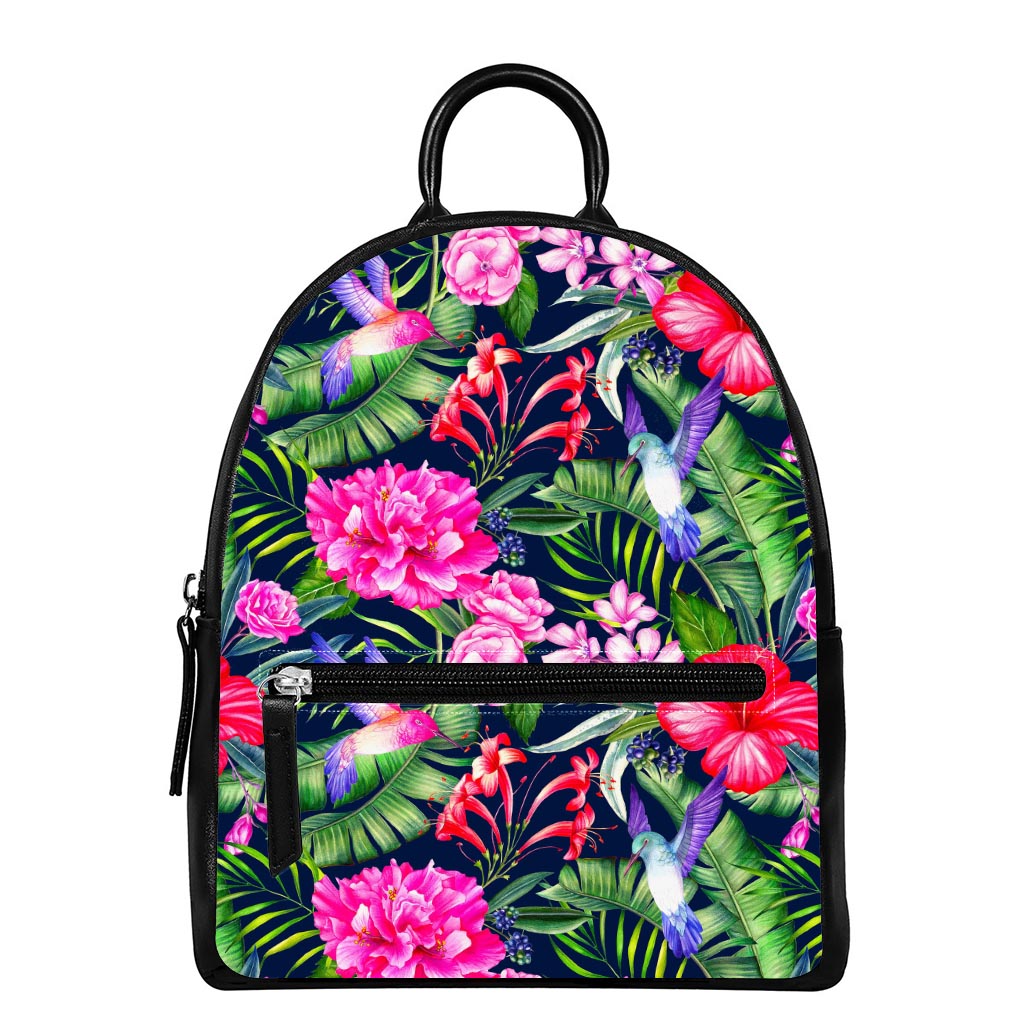 Hawaiian Tropical Birds Pattern Print Leather Backpack