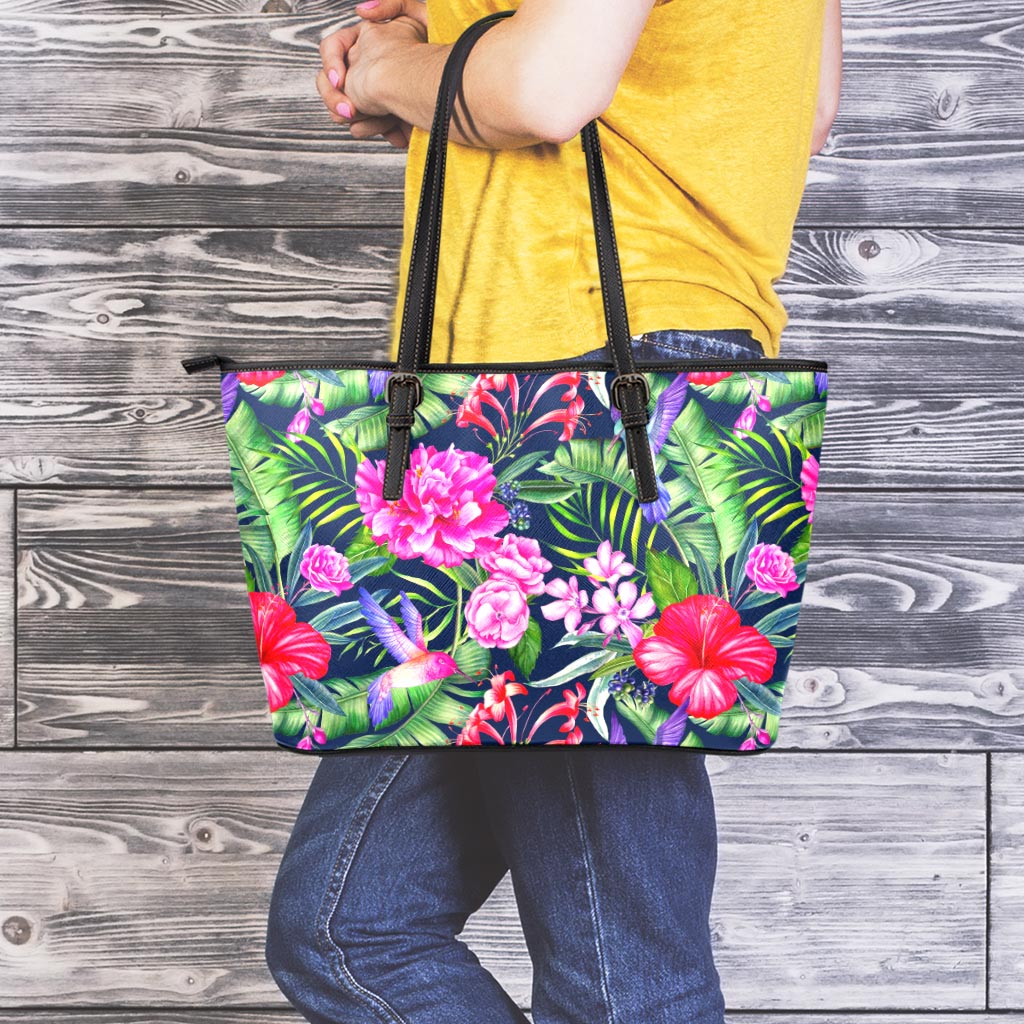Hawaiian Tropical Birds Pattern Print Leather Tote Bag