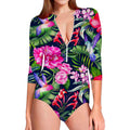 Hawaiian Tropical Birds Pattern Print Long Sleeve Swimsuit