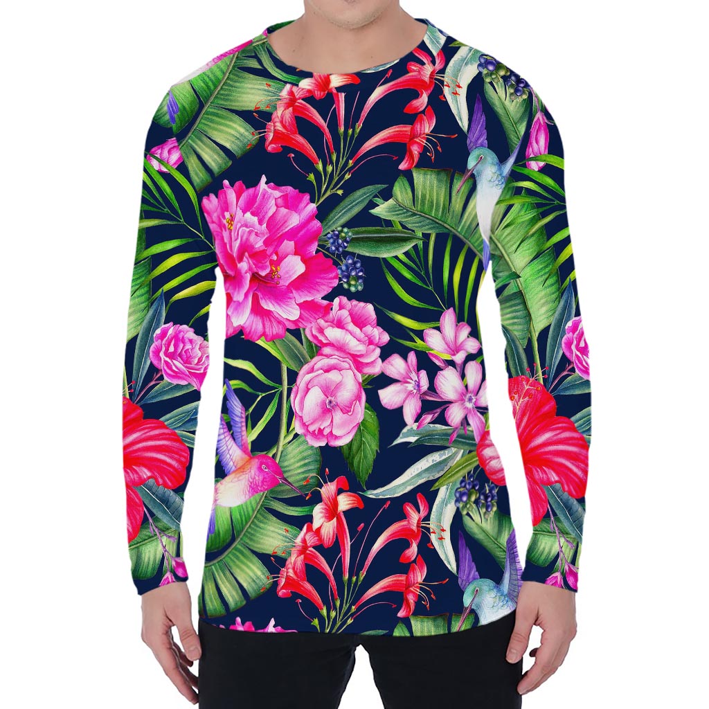 Hawaiian Tropical Birds Pattern Print Men's Long Sleeve T-Shirt